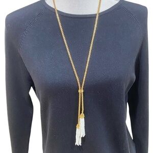 J. Crew marked gold tone box chain lariat white seed bead tassel long necklace